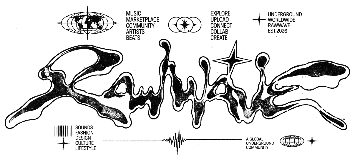Logo RAWWAVE underground com estrelas, globos e textos sobre música, arte e comunidade, sem fundo